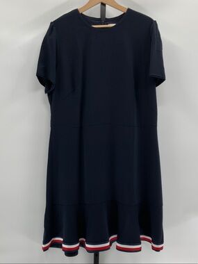 Classic Navy Short Sleeve Dress with Striped Hem